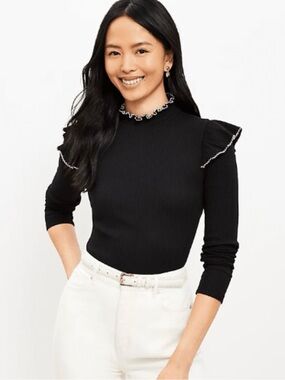 LOFT Black Pointelle Ruffle Ribbed Top